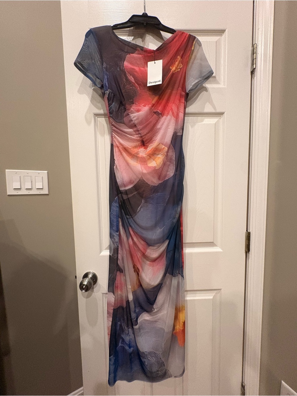Desigual Floral Sheer Midi Dress in Pink, Blue & White - Picture 4 of 6